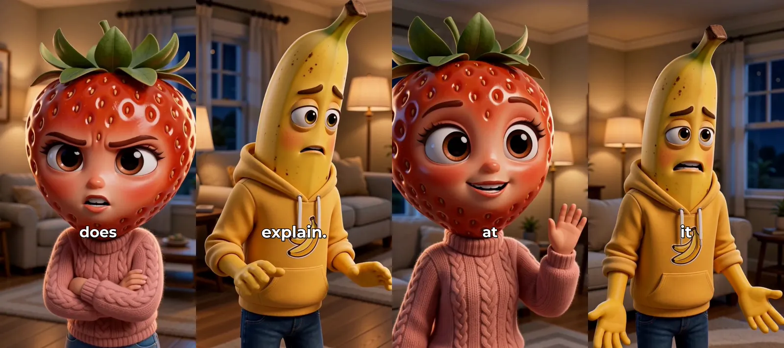 Four frames of an AI conversation cutting back and forth: a strawberry-headed woman with crossed arms, a worried banana in a yellow hoodie, the strawberry again, then the banana shrugging