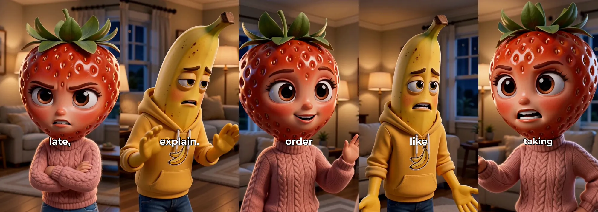 Five frames from an AI fruit drama: a strawberry-headed woman in a pink jumper confronts a banana-headed man in a yellow hoodie in a living room at night, cutting between the two as each speaks