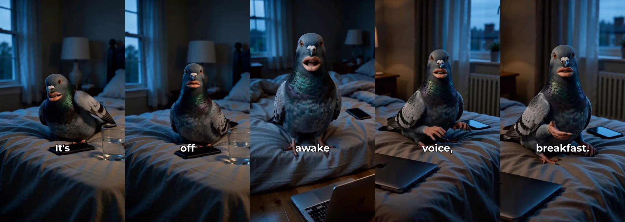 Five frames of an AI pigeon with human lips talking on an unmade bed at dawn, next to a phone and a laptop, with one word of the caption on each frame