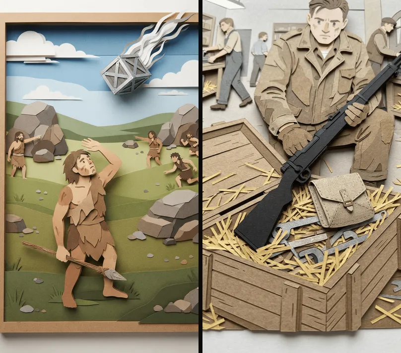 Two paper-cutout frames from one AI video: a caveman in furs looks up at a crate falling from the sky, and in the next scene a modern soldier in a field jacket kneels over the open crate holding a rifle