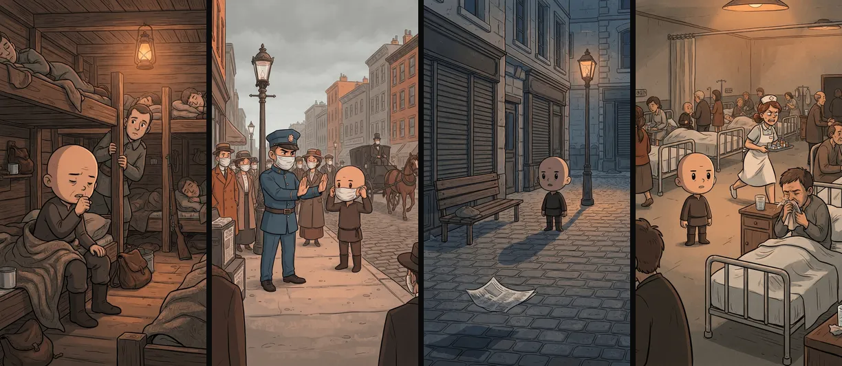 Four illustrated frames from an AI What if video about the 1918 flu, each with the same small bald character: coughing in an army barracks, being handed a mask by a policeman, standing alone in an empty street at night, and standing in a crowded hospital ward