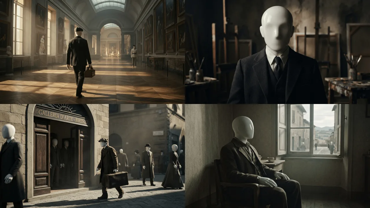 Four scenes from one AI-generated video showing the same faceless mannequin character in a dark suit in a museum, a studio, a street and a room