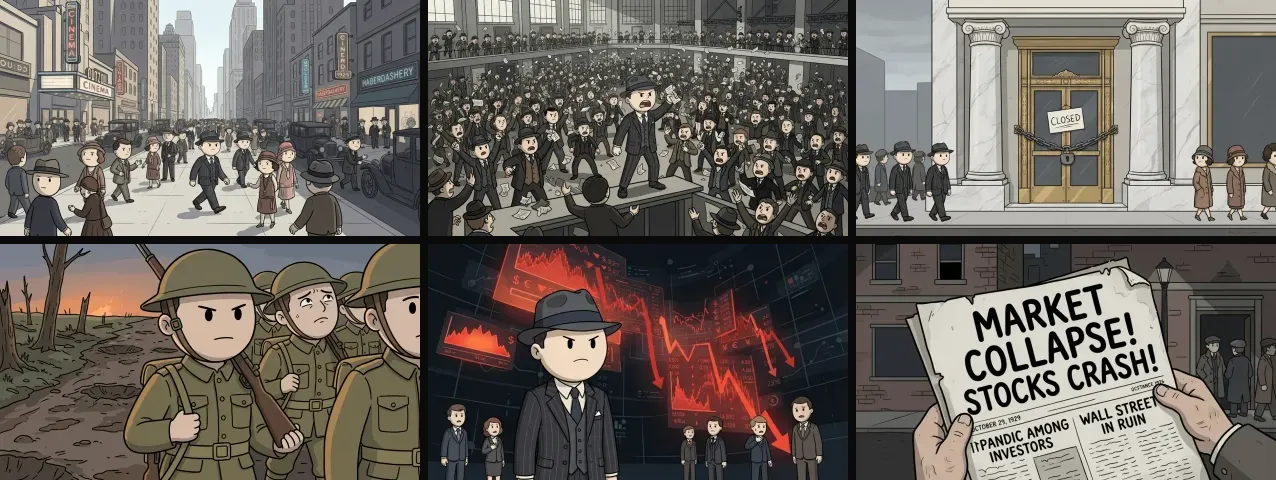 Six frames in a round-headed 2D doodle style: a busy 1920s city street, a crowded trading floor, a bank with a CLOSED sign on its door, three First World War soldiers, a man in a fedora in front of falling red charts, and a newspaper headline reading Market Collapse! Stocks Crash!