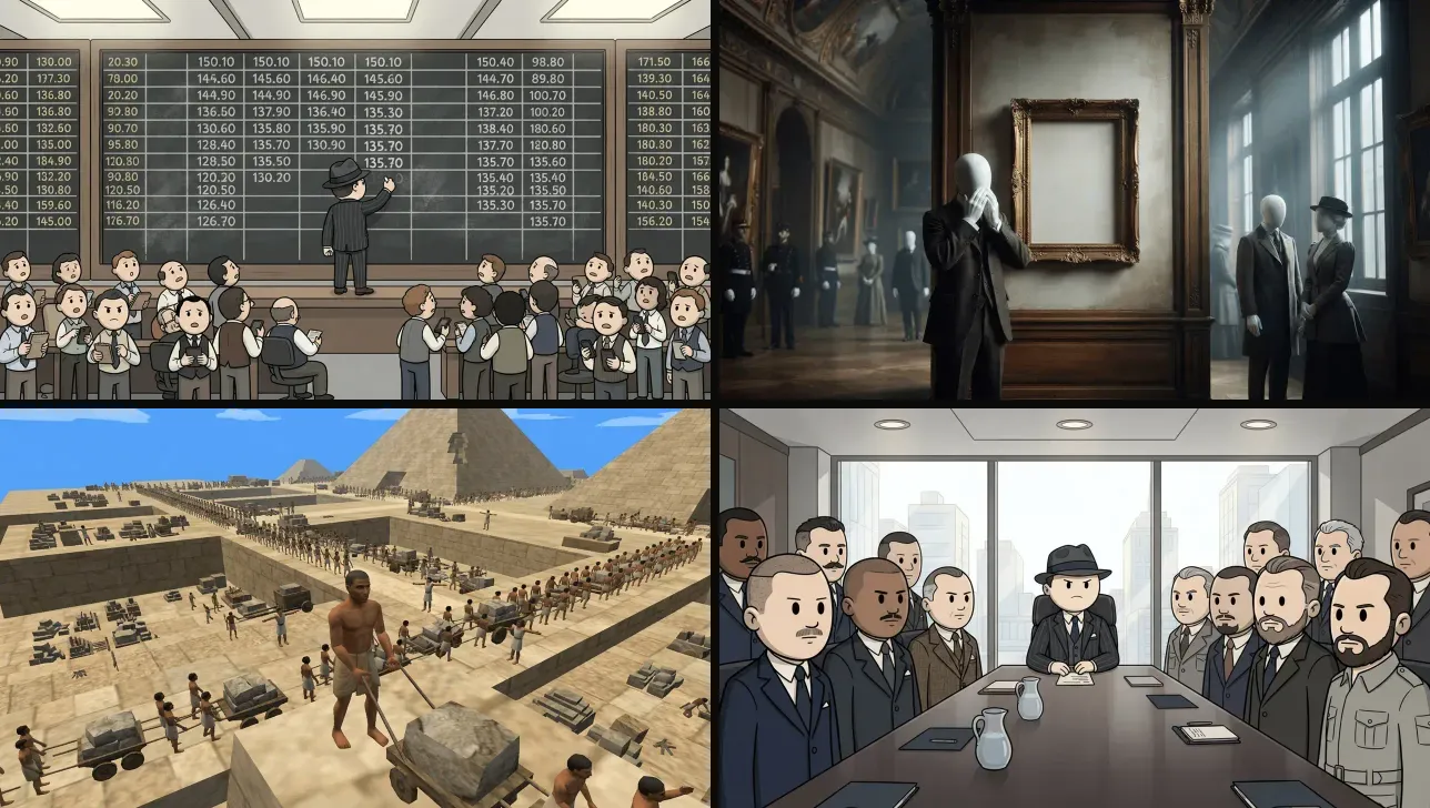 Four frames from long AI videos in four looks: a doodle stock exchange board in 1929, a faceless mannequin beside an empty picture frame in the Louvre, a low-poly pyramid building site, and a doodle boardroom meeting