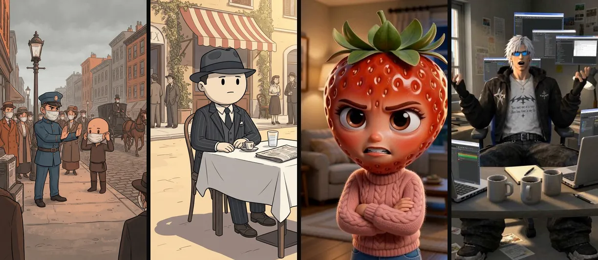 Four vertical frames from AI Shorts: an illustrated bald figure being handed a mask by a 1918 policeman, a doodle man in a fedora at a cafe table, an angry cartoon strawberry in a sweater, and a silver-haired PS2-style game character ranting at a desk
