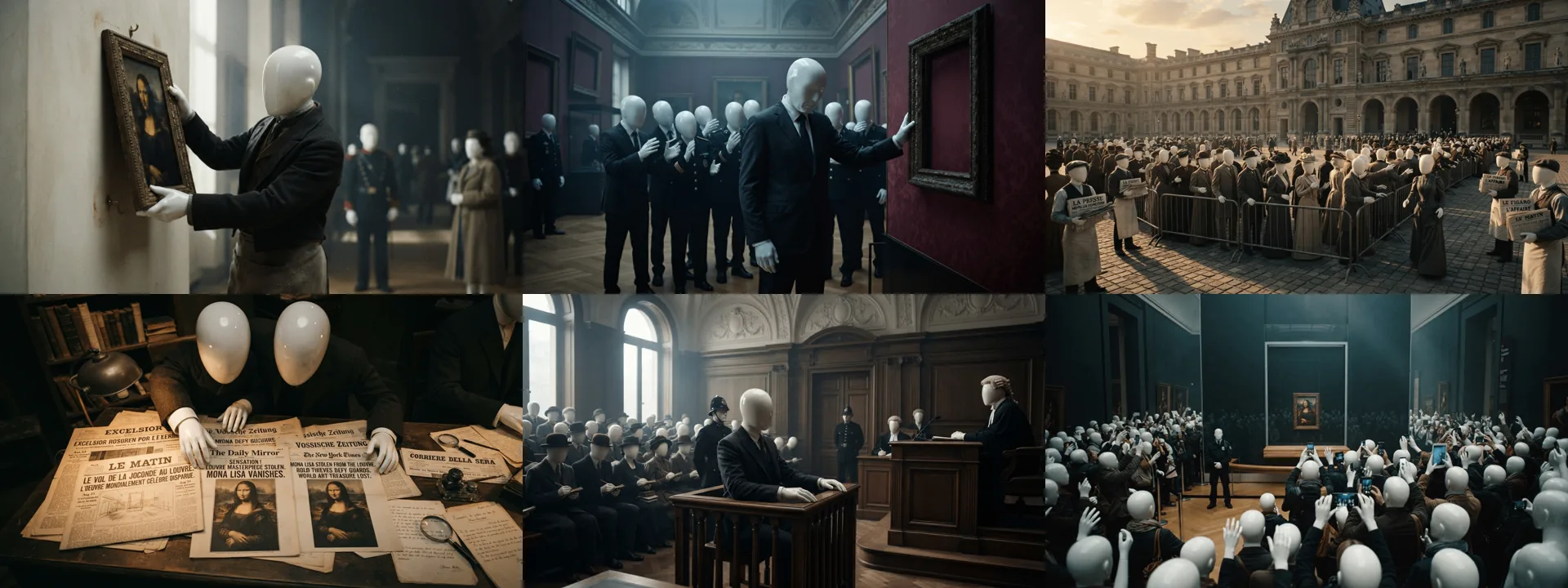 Six frames from an AI-generated documentary about the theft of the Mona Lisa, with every person shown as a faceless white mannequin