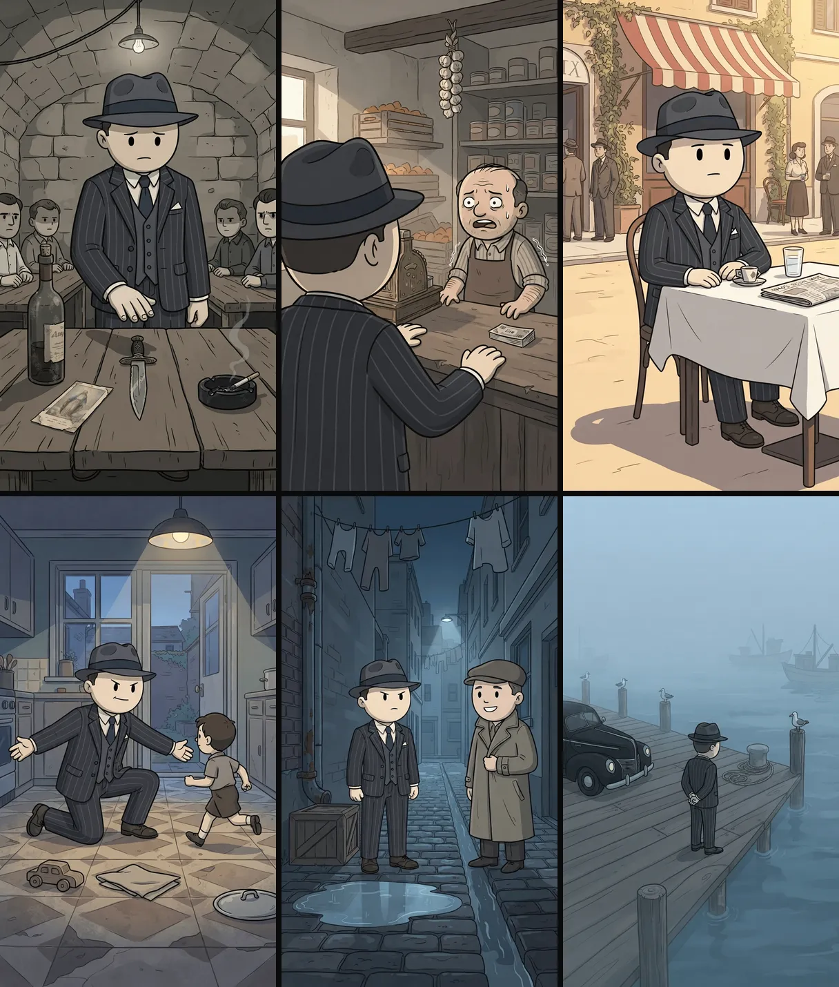 Six frames from an AI POV video in a round-headed doodle style: a man in a fedora swears an oath at a candlelit table, collects money from a nervous shopkeeper, sits at a cafe, plays with his son, faces a friend in an alley and stands alone on a foggy harbour