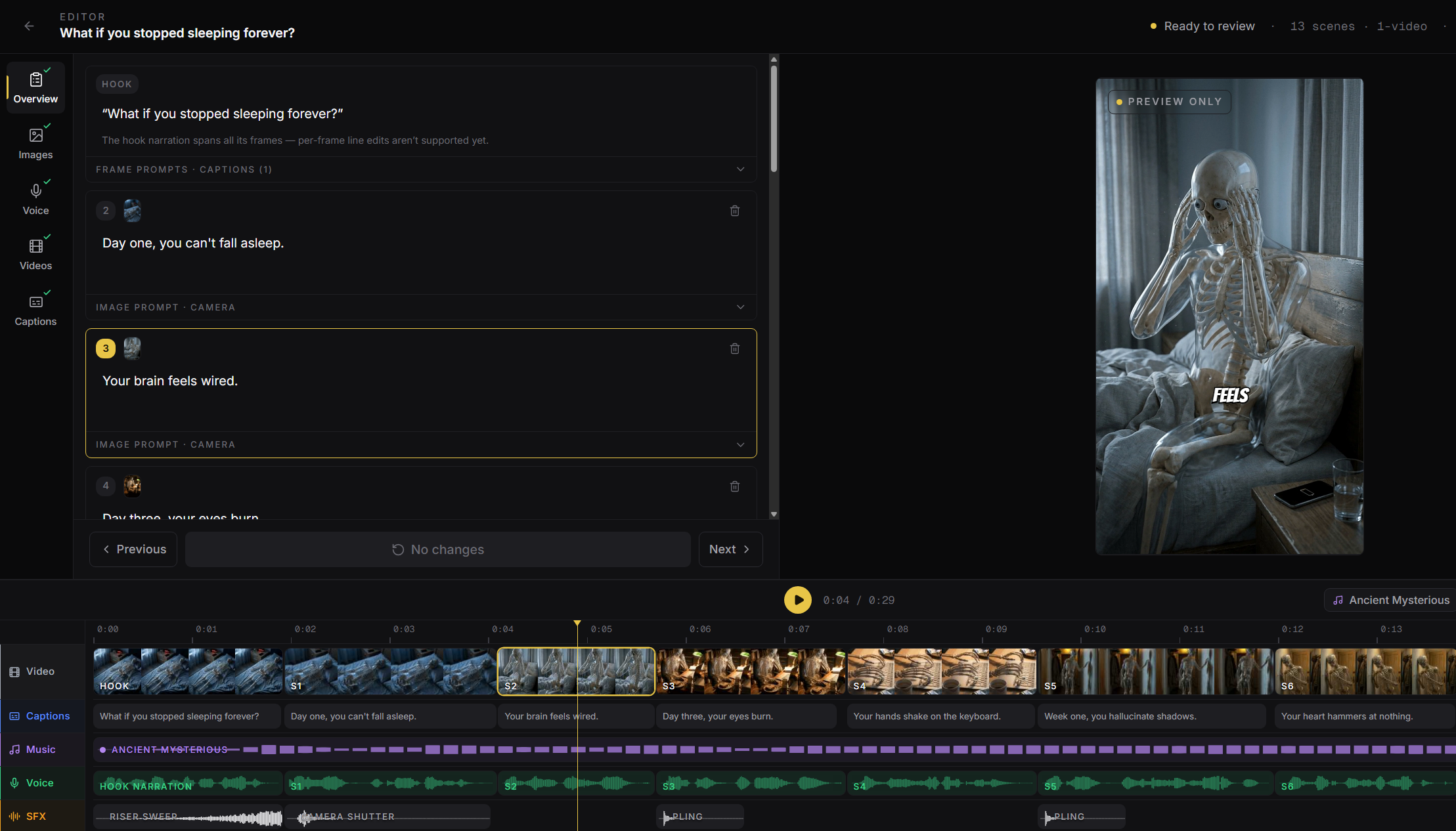 ClipFlux scene review with a regeneration note on one scene of a skeleton POV video