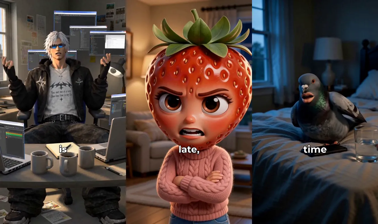 Three AI talking characters mid-sentence: a white-haired PS2-style game character in blue sunglasses at a cluttered desk, a strawberry-headed woman in a pink jumper, and a pigeon with human lips on a bed