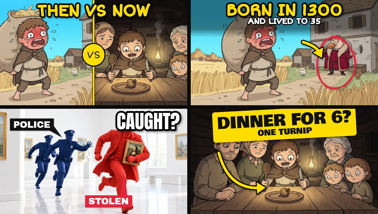 Four YouTube thumbnails made in ClipFlux: a split picture with a VS badge, a peasant boy with the words Born in 1300 and a circled nobleman, a red figure running from police with POLICE and STOLEN labels, and a family at a table with the words Dinner for 6? and an arrow to one turnip