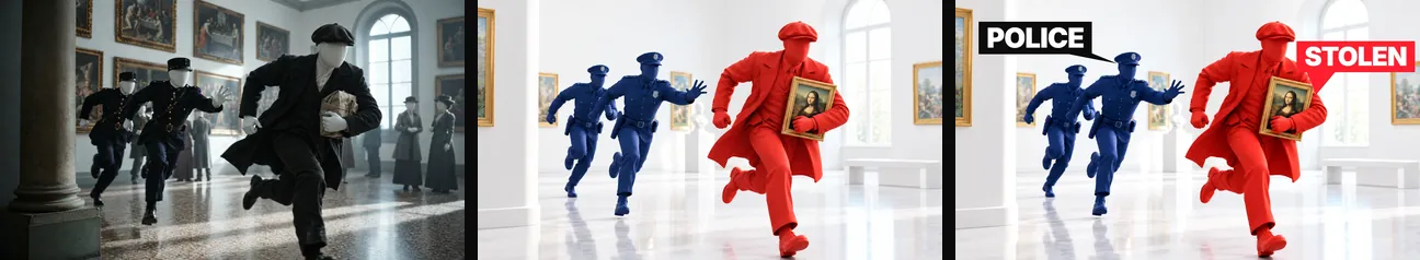 The same museum chase three times: a dark frame from the video, the scene restyled with a red figure and blue police on a bright white floor, and the finished thumbnail with POLICE and STOLEN labels