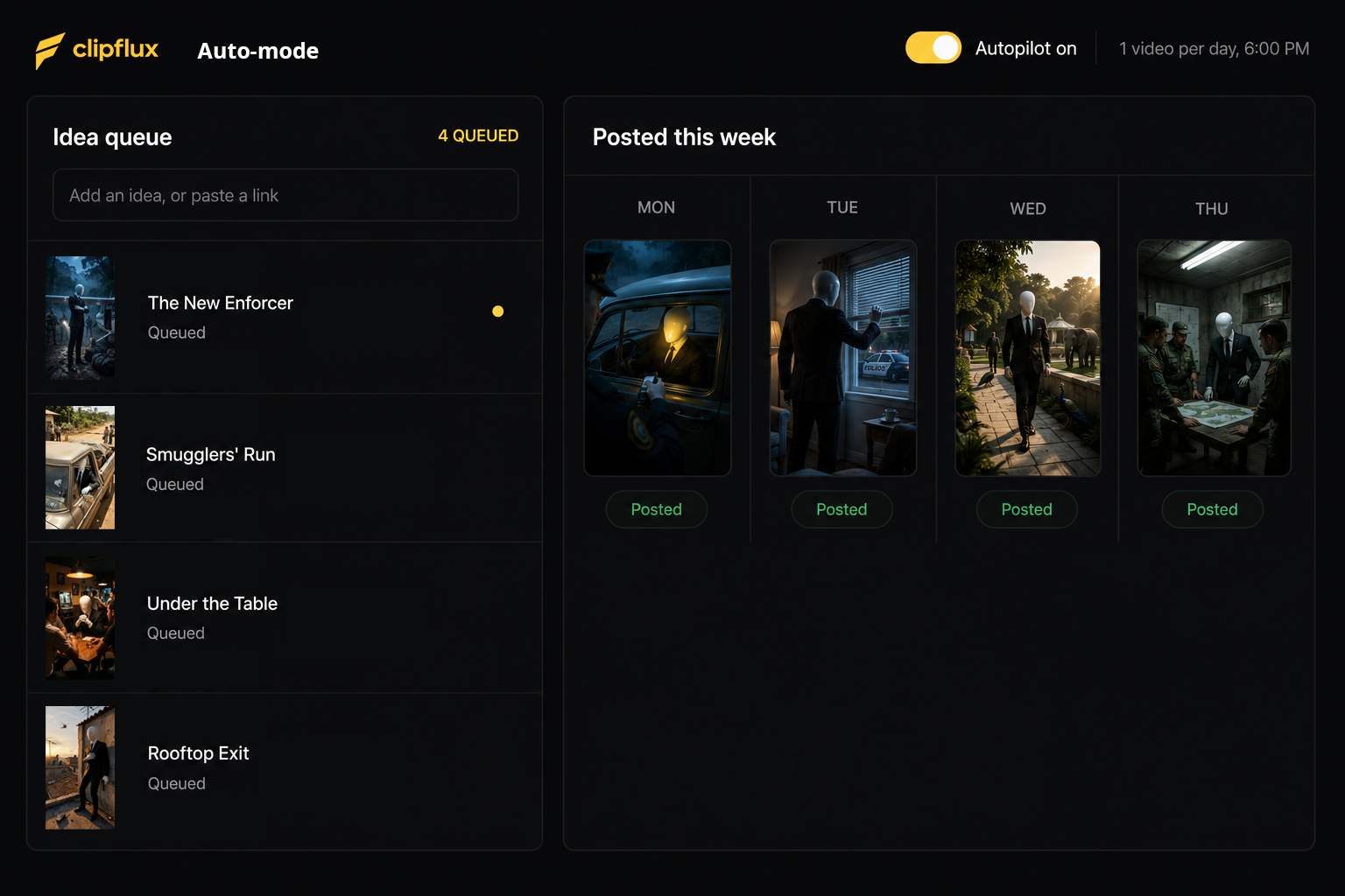 ClipFlux Flux schedule showing a daily posting queue