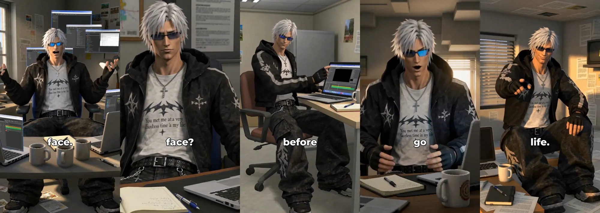 Five frames of a white-haired PS2-style character in sunglasses ranting at a desk, his shirt reading You met me at a very faceless time in my life