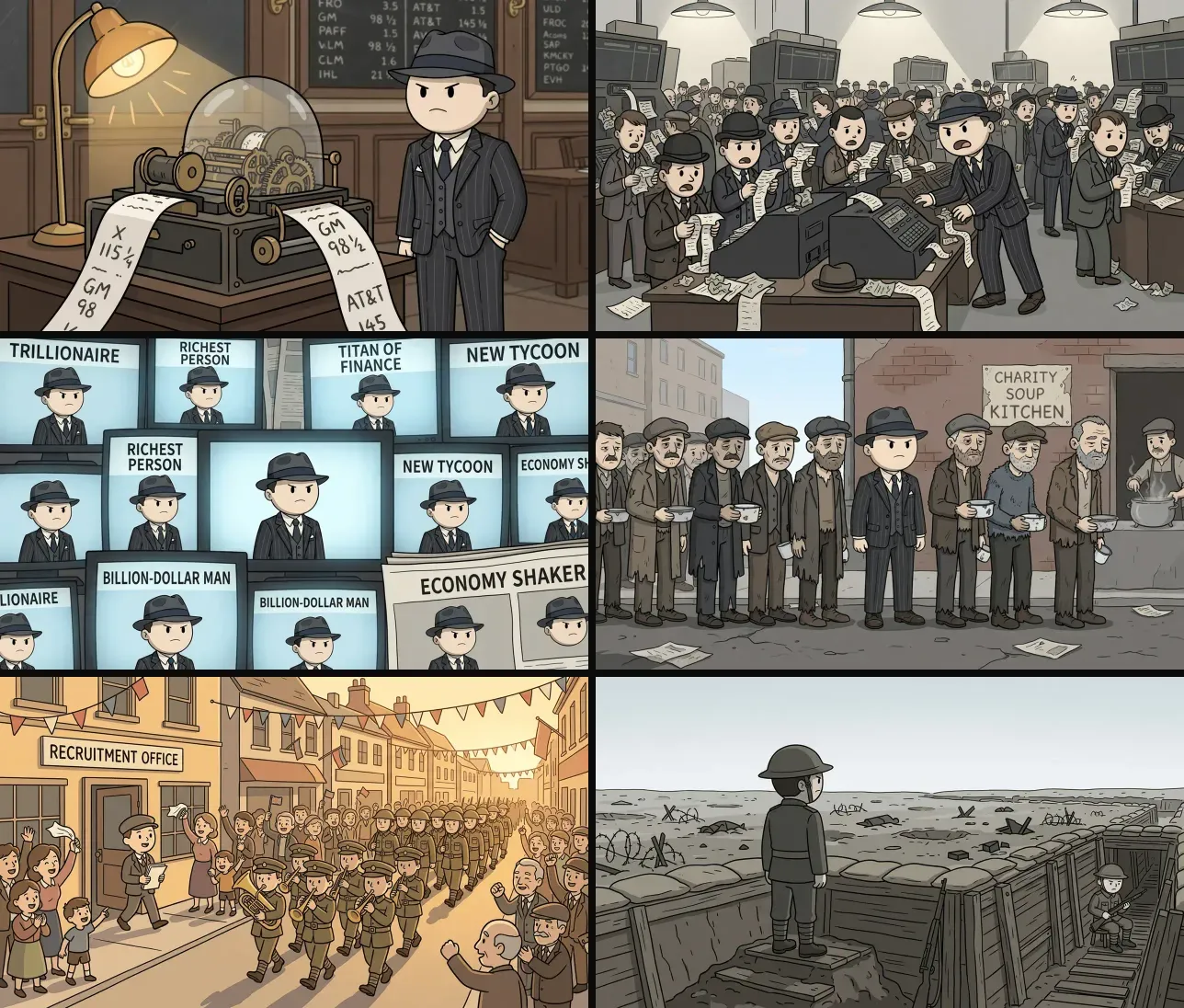Six frames in the same hand-drawn doodle style from three different AI videos: a 1920s stock ticker and trading floor, a man on every TV screen and in a soup kitchen line, and a First World War recruitment parade and trench