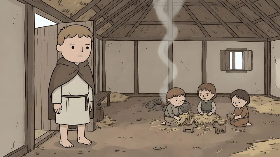 The boy in his cloak at the door of the dwelling
