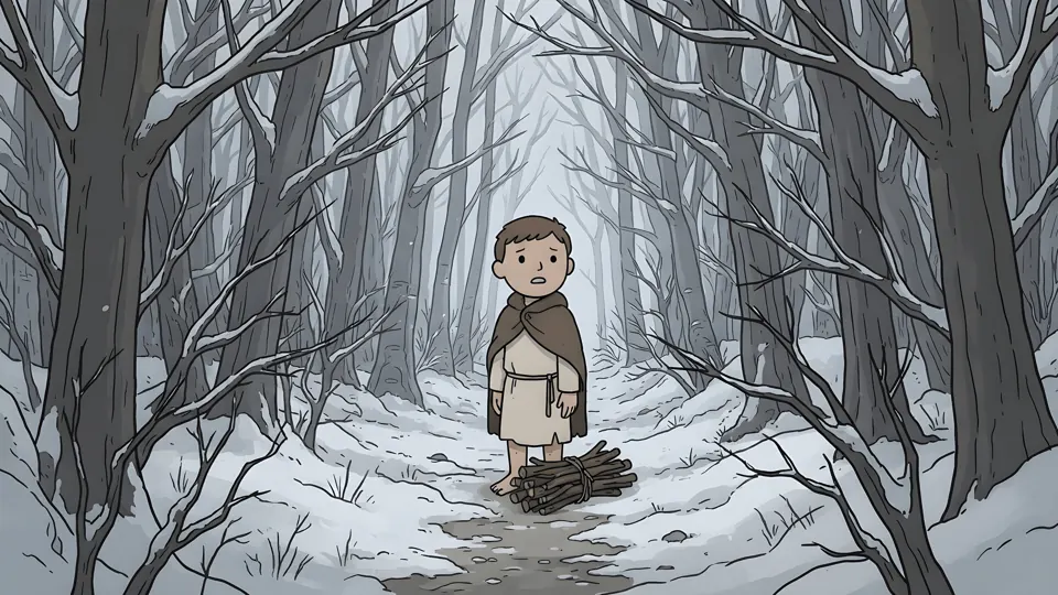The boy gathering wood in a snowy forest
