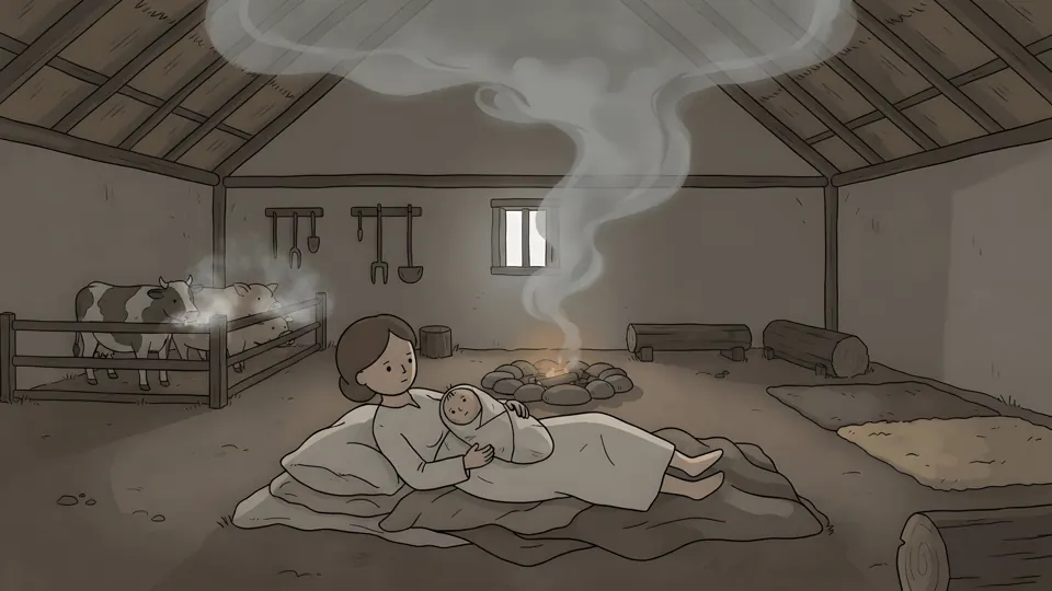 A mother with her newborn in the smoky peasant dwelling