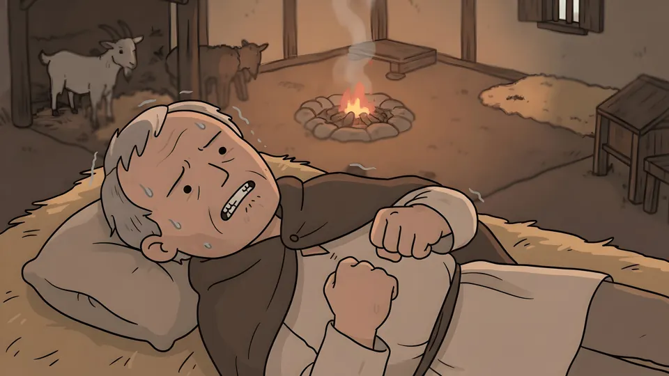 The same man, old, lying by the fire