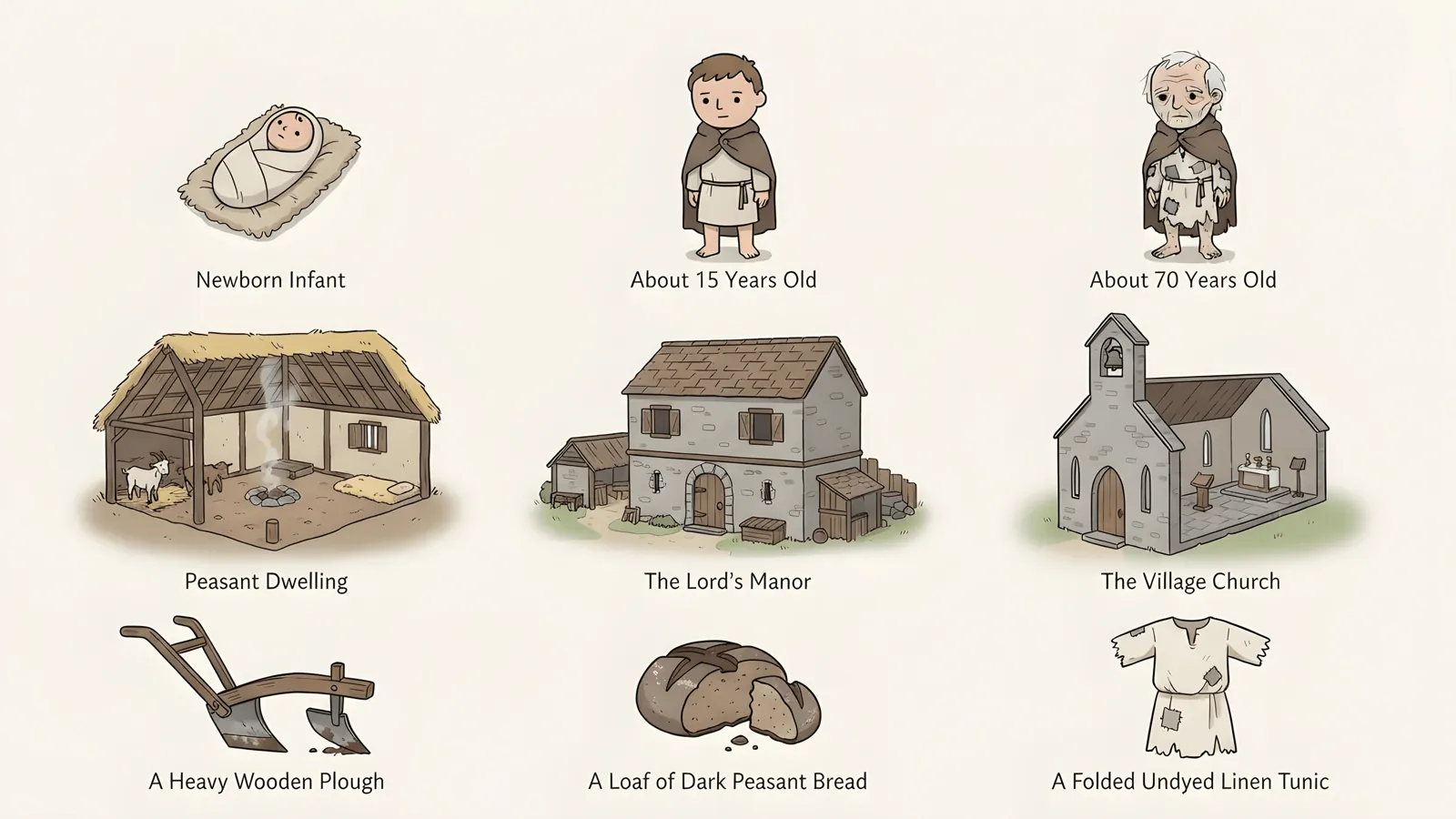A character sheet: a peasant as a newborn, at 15 and at 70, his dwelling, the lord's manor, the village church, a plough, bread and a tunic