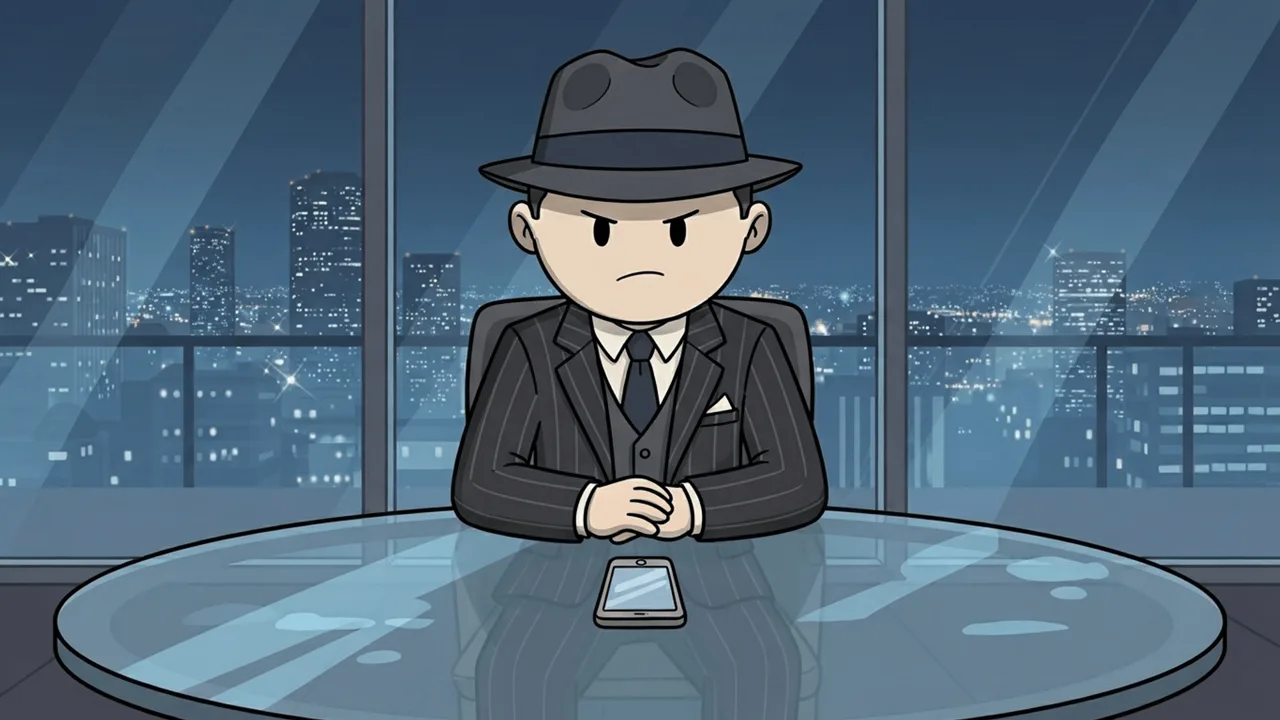 The character at a glass desk at night, a phone in front of him