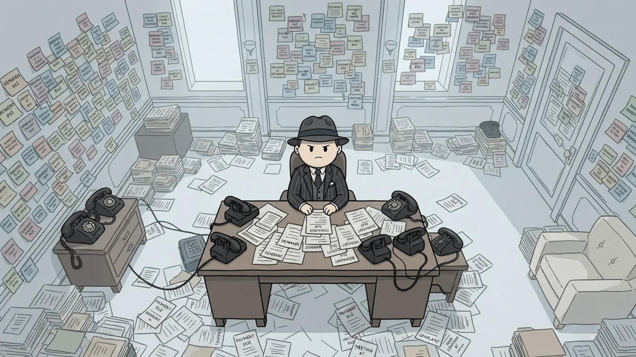 A desk buried in papers, sticky notes covering the walls