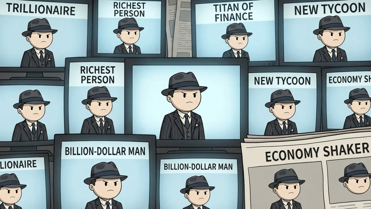 The character on a wall of screens under headlines calling him the richest person alive