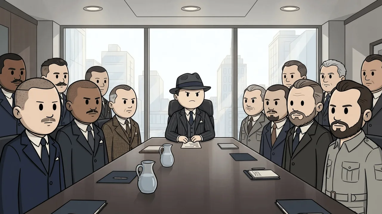 A boardroom meeting with the character at its head