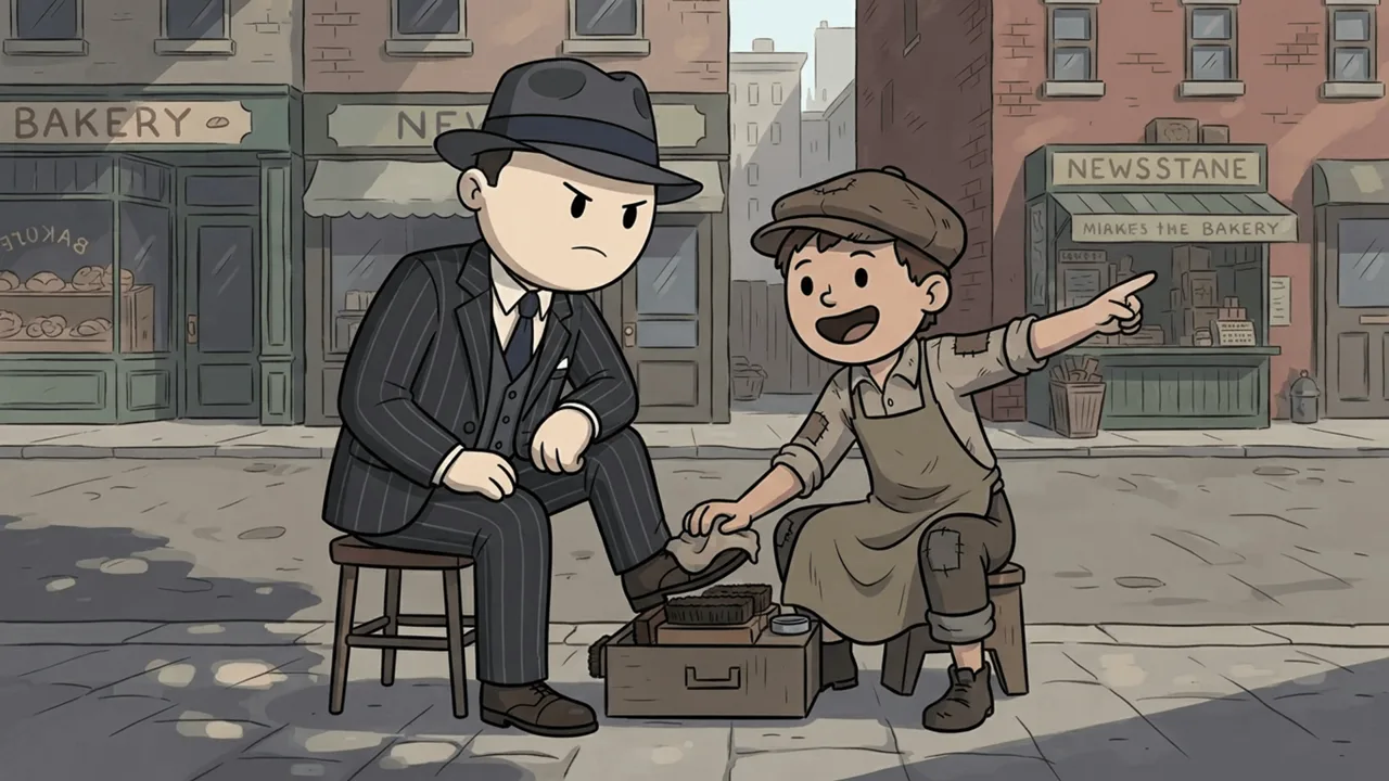 A boy polishes the character’s shoes while he looks bitter