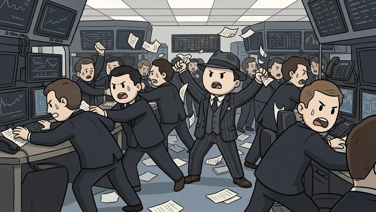 A room of monitors with falling charts and papers in the air