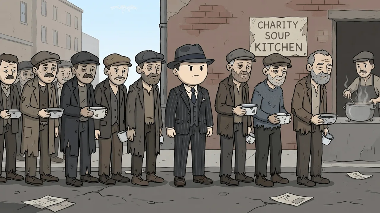 The character waiting in a charity food line