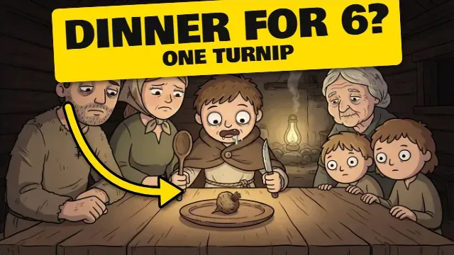 A ClipFlux thumbnail: a medieval family around one turnip, 'Dinner for 6? One turnip'