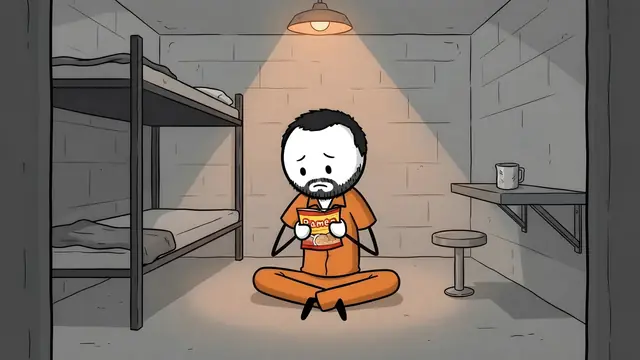 A stick figure in an orange prison uniform eats ramen in a cell