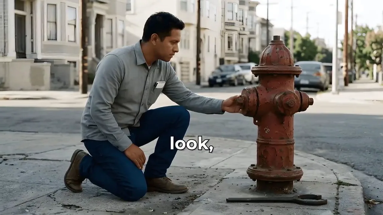 A man kneels beside an old red fire hydrant on a city street