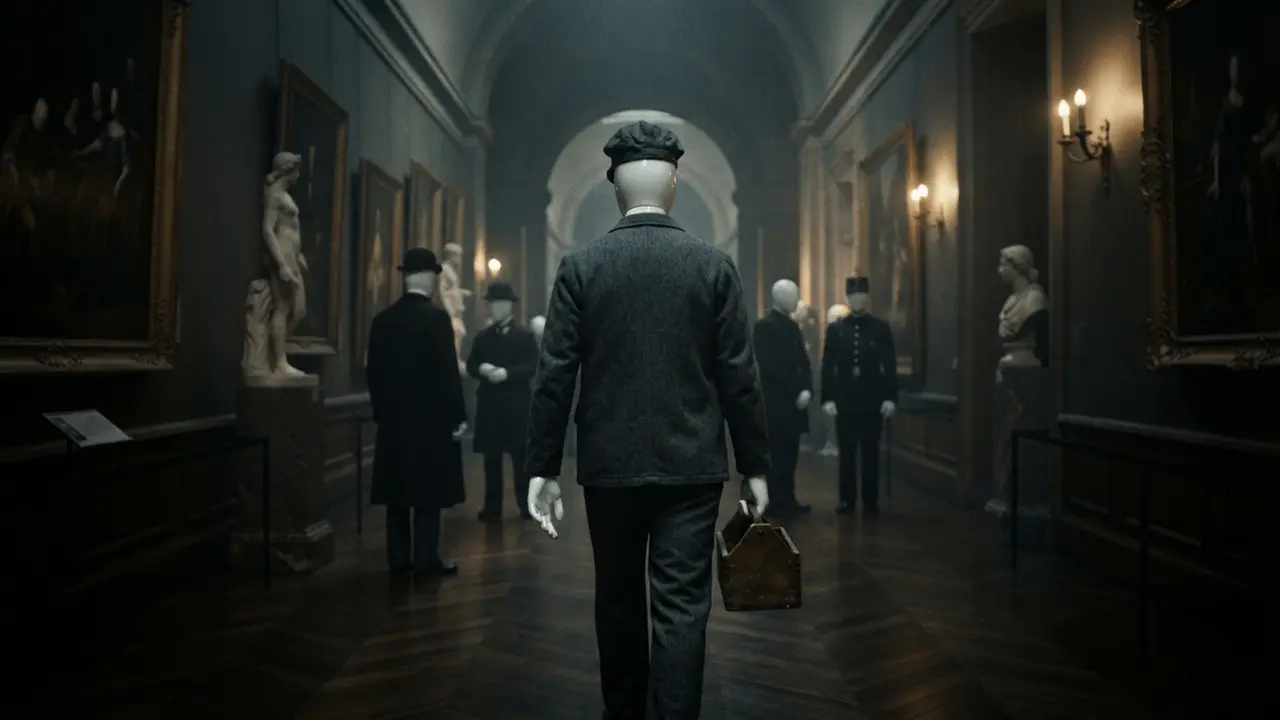 The handyman walks a dim Louvre corridor with his toolbox as a guard looks away