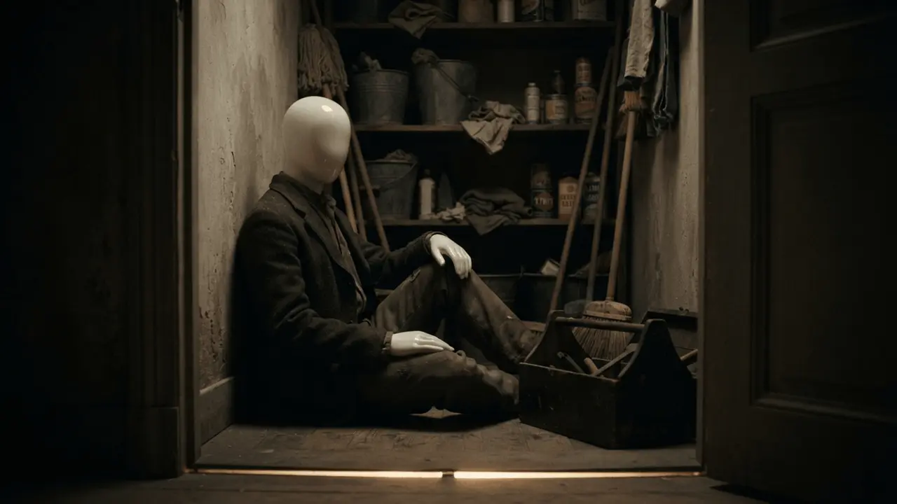 The thief waits in a dark storage closet among mops and buckets