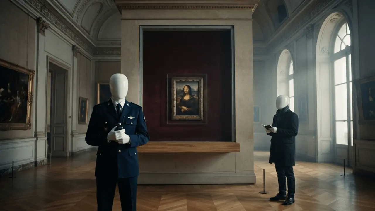 The small painting on a pale wall, a guard standing nearby