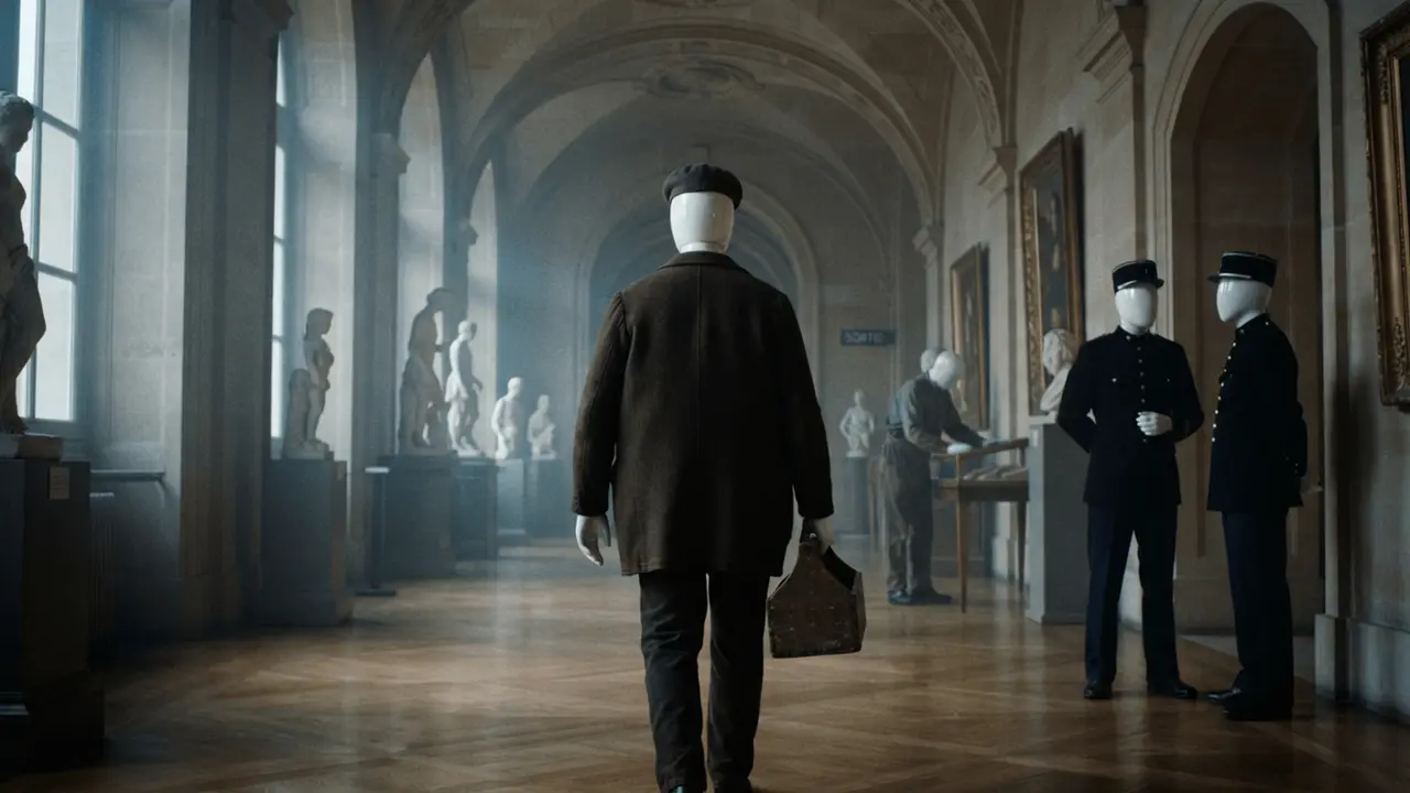 The thief walks out through the gallery, the painting under his jacket