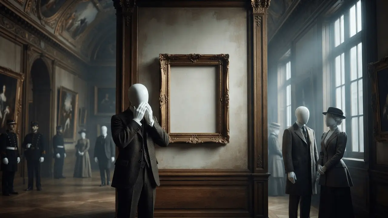 A museum worker frozen in front of the empty frame