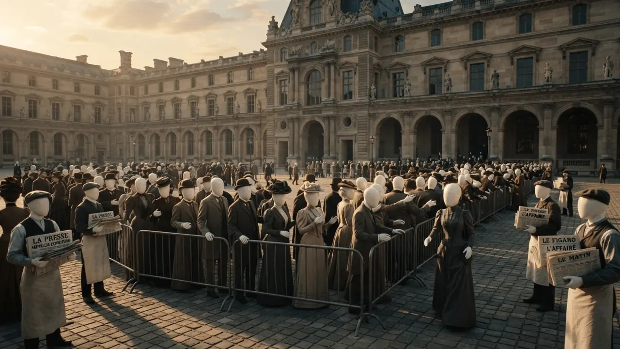A crowd of Parisians queueing outside the Louvre to see the empty wall