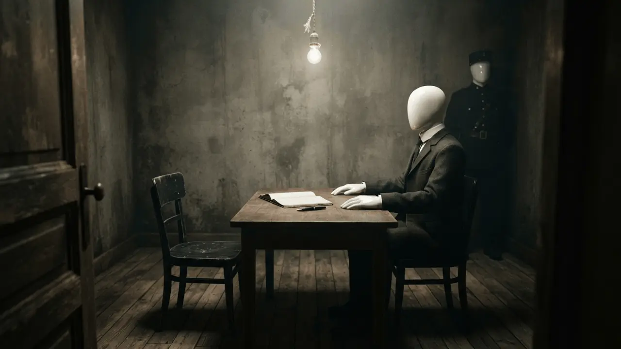 A bare police interrogation room under a single bulb