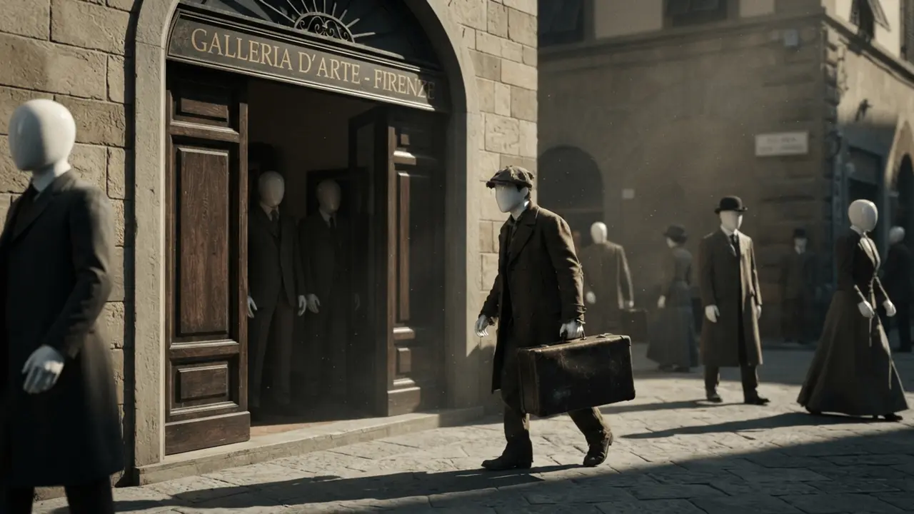 A man with a suitcase enters a gallery in Florence, watched from the shadows