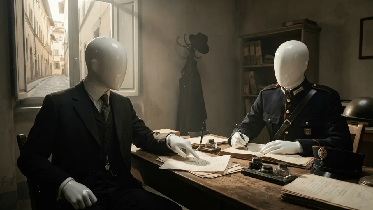 An officer takes notes across a desk from the gallery owner