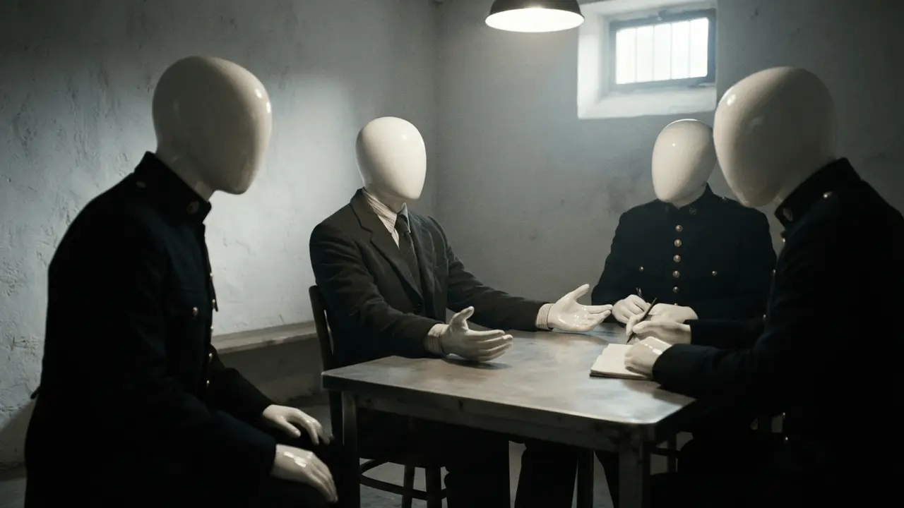 The thief questioned across a table by officers
