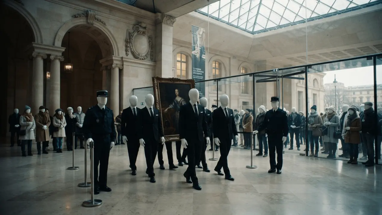Officials carry the painting back into the museum