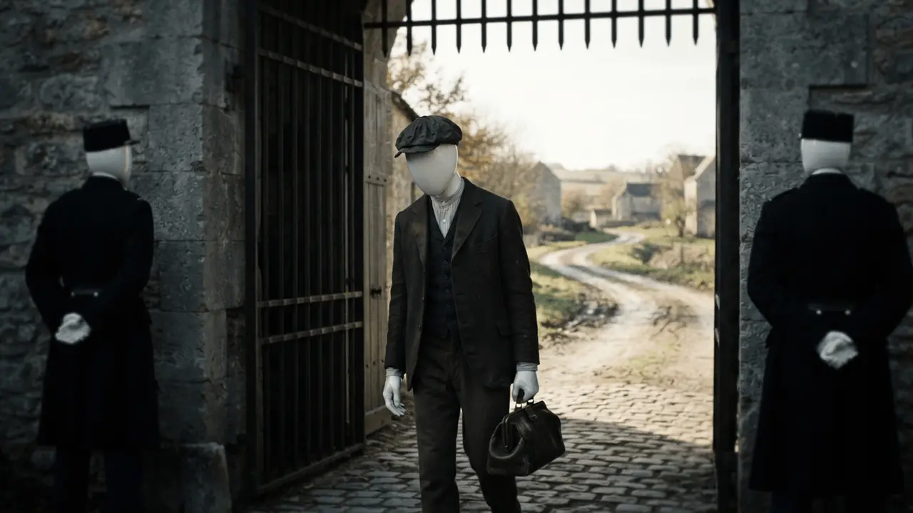 The thief walks out of the prison gates into daylight
