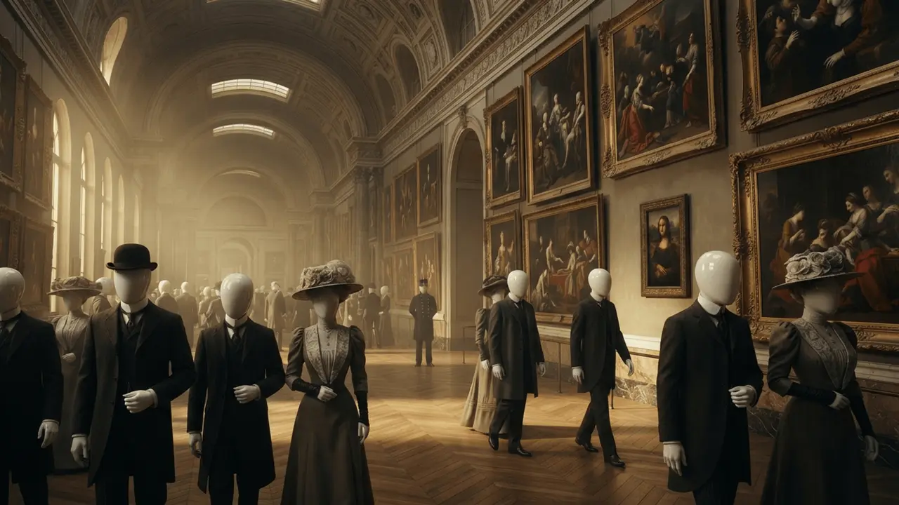 Visitors in the Louvre’s grand gallery, the painting barely visible among the others