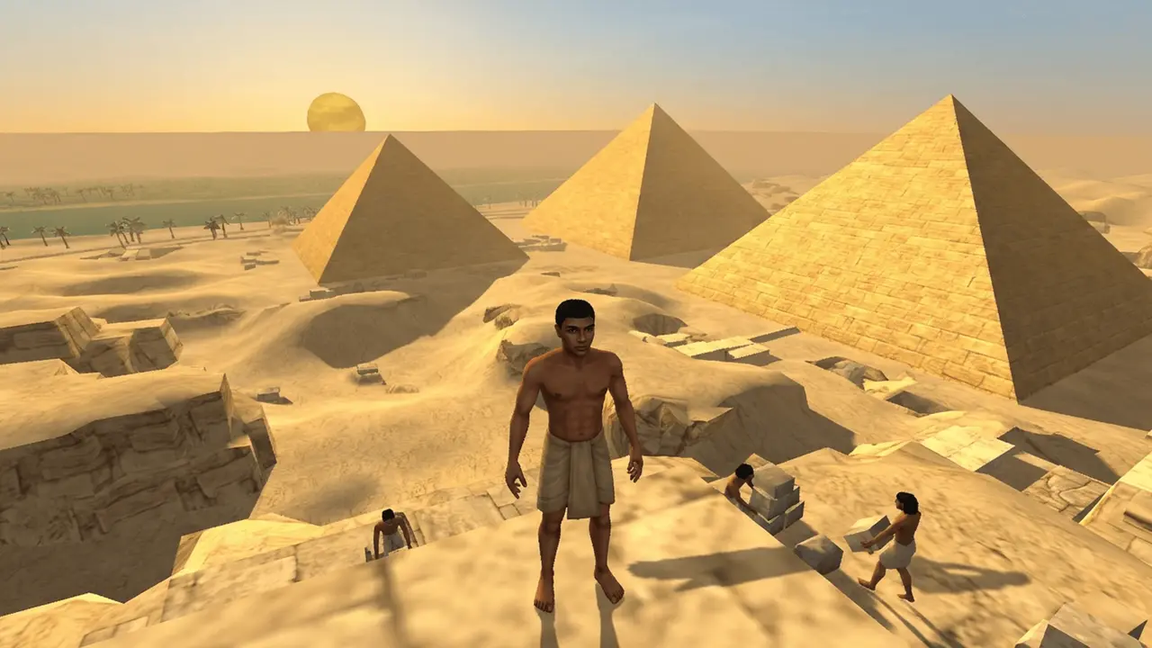 A worker in front of the three pyramids of Giza