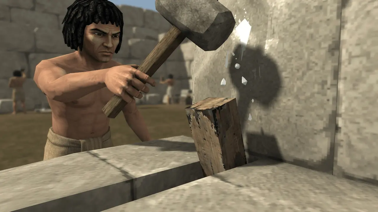 A quarryman drives a wooden wedge into the rock with a mallet