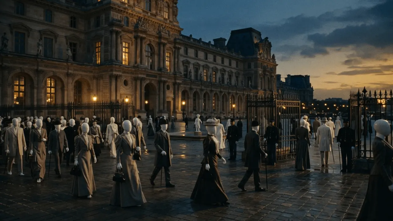 The Louvre at dusk, visitors leaving across the courtyard