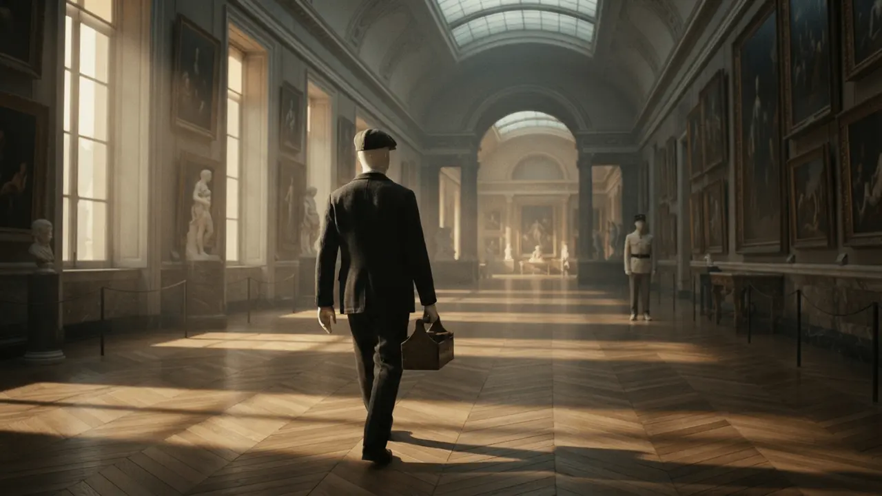 A man in work clothes walks alone through a sunlit gallery of the Louvre